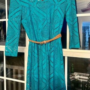 Elegant Teal belted Lace Dress